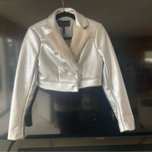 NWT!  BCBG Maxazria Silver Combo Cropped Jacket Fuzzy Faux Fur Size XS